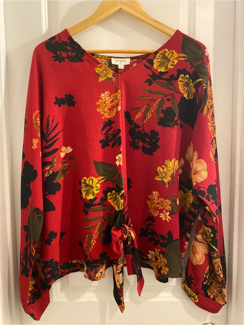 Umgee Burgundy Floral Tie Front Blouse Boho Long Sleeve Size Large
